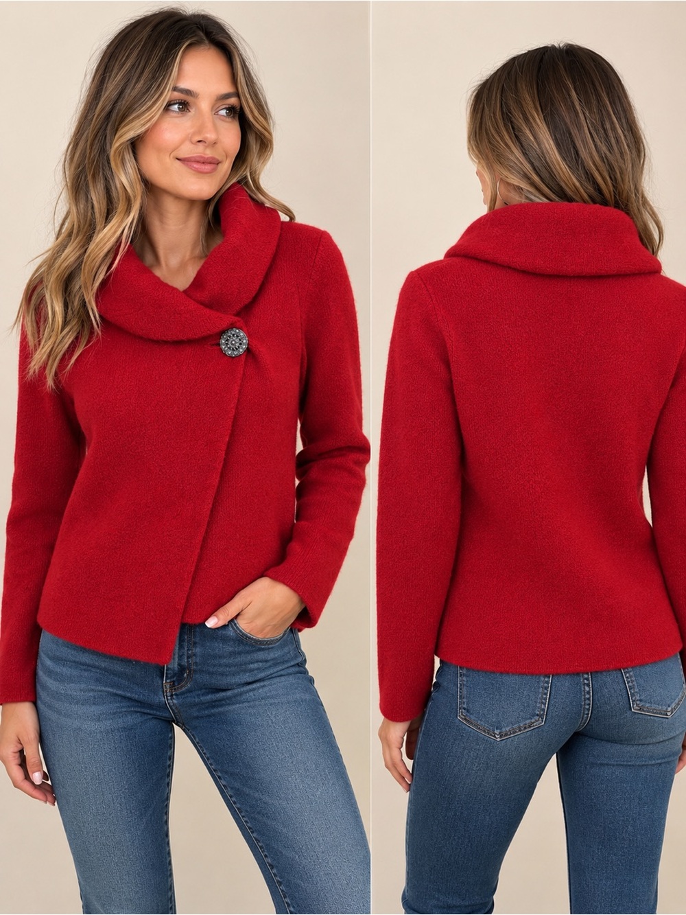 Adrienne Vittadini Red Asymmetrical Button Sweater Jacket